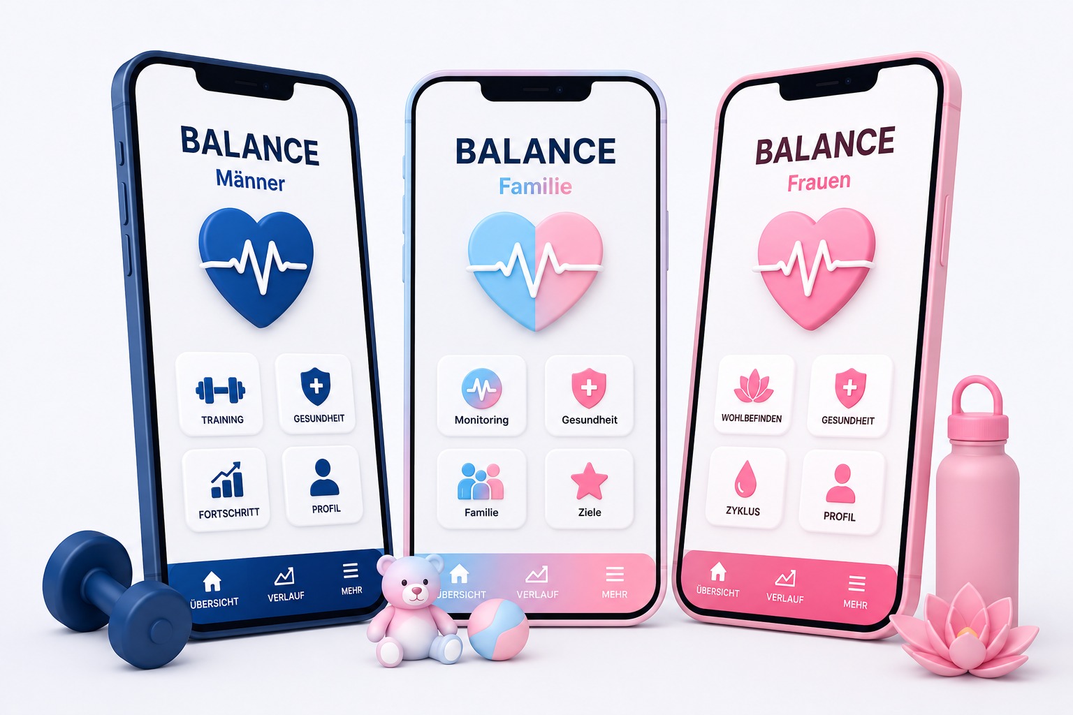 Drei Smartphones mit der BALANCE App für Männer, Familie und Frauen